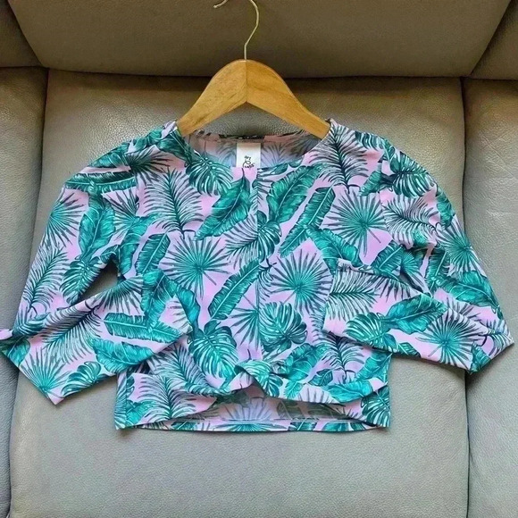 New Art Class Girls XL 14 Pink Green Tropic Leaf Twist Front Swimsuit Rash Guard - Picture 1 of 5